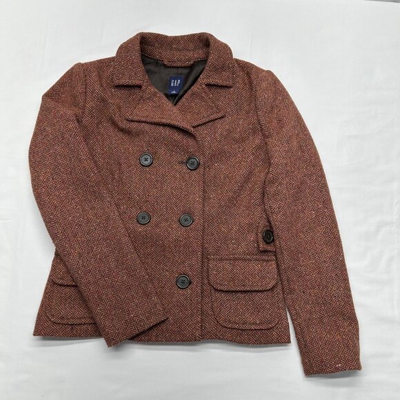 Vintage Wool Blend Coat By GAP Brown Herringbone Tweed Size 8 Pockets Martingale - Picture 5 of 16